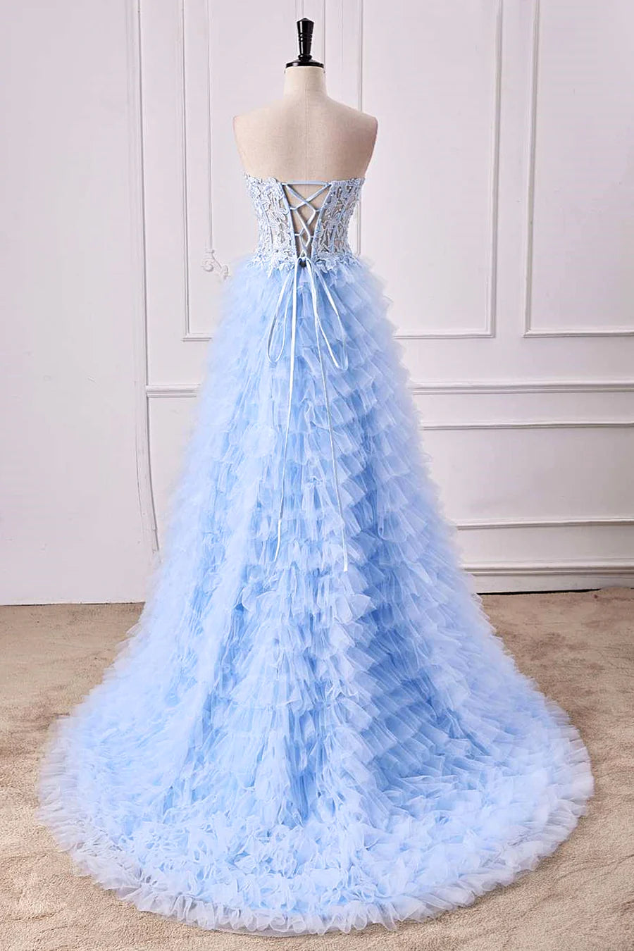 A-Line Light Blue Lace Ruffle Prom Dress Corset Sweetheart Strapless - MyChicDress