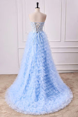 A-Line Light Blue Lace Ruffle Prom Dress Corset