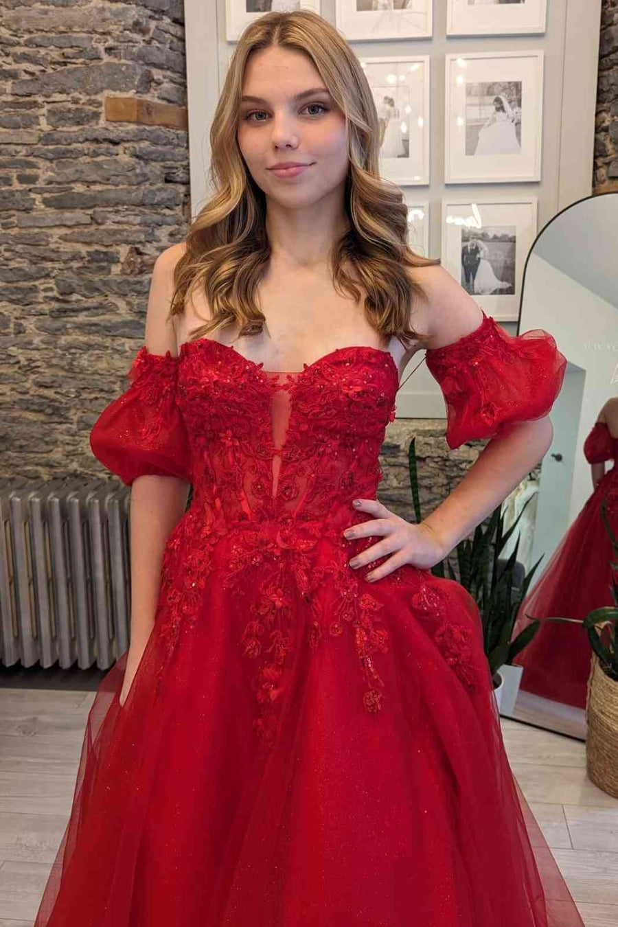 A-Line Long Prom Dress Red Strapless Lace Tulle with Appliques