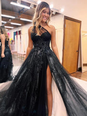 Una línea de un hombro 2024 vestidos de fiesta vestido formal de encaje de tul negro