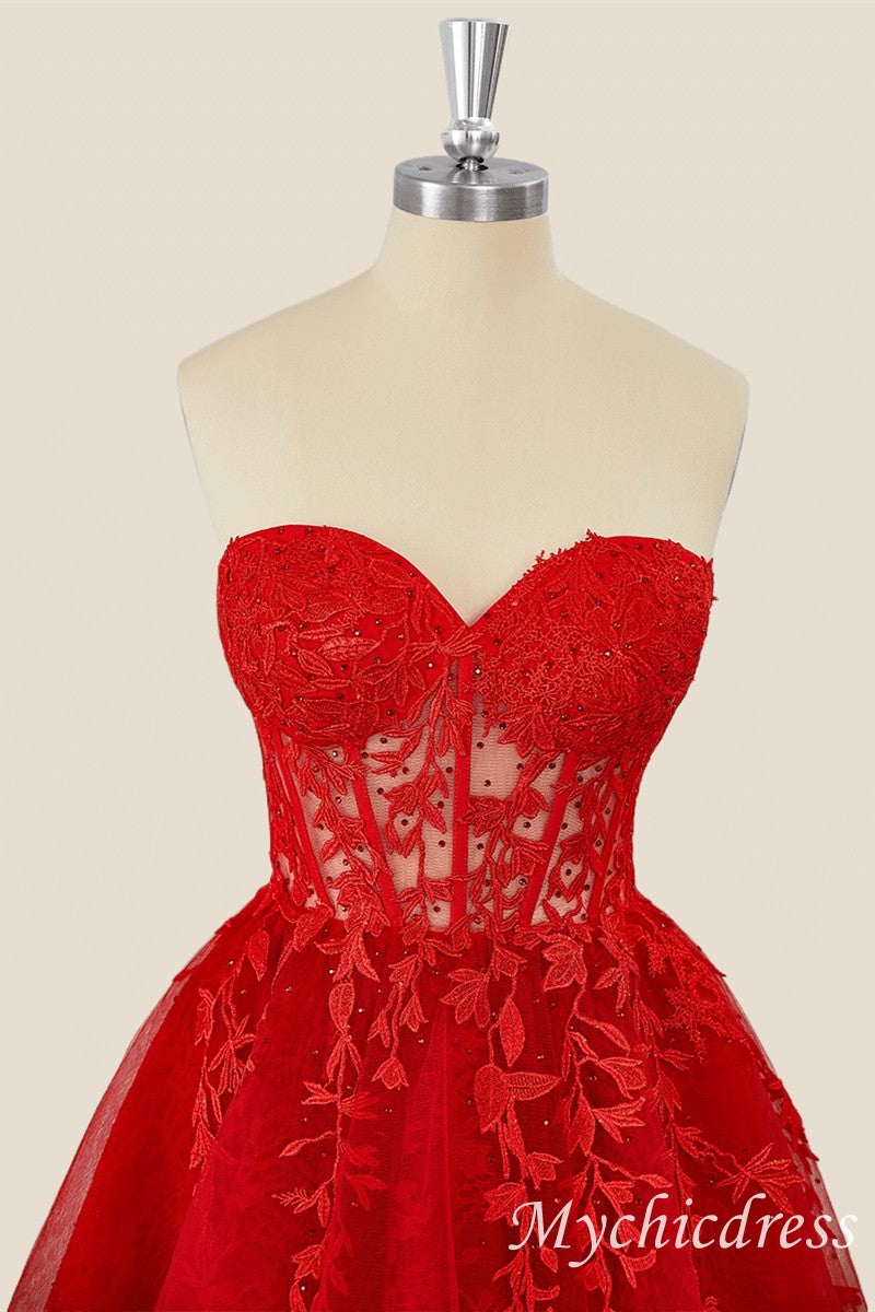 A-Line Red Homecoming Dresses Lace Appliques Short Dama Dress - MyChicDress