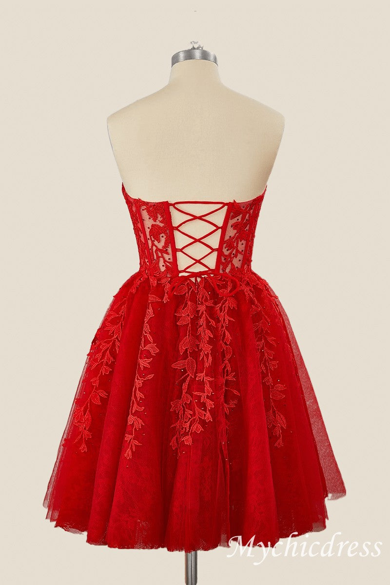 A-Line Red Homecoming Dresses Lace Appliques Short Dama Dress - MyChicDress