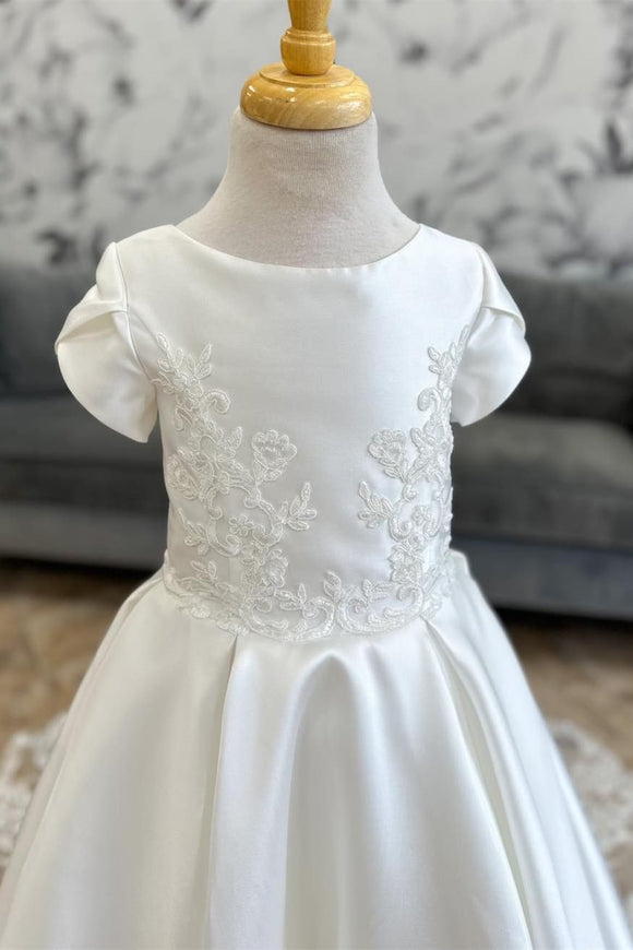 A-Line Satin Embroidery Flower Girl Dress Lace-Up Back Sweep Train - MyChicDress