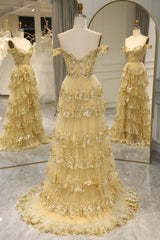 A-Line Sequin Lace Tiered Gold Prom Dress Off The Shoulder