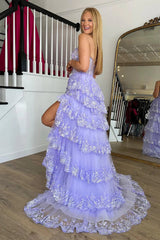 A-Line Tiered Lilac Sequin-Embroidery Prom Dress Ruffle Skirt with Slit