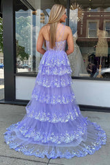 A-Line Tiered Lilac Sequin-Embroidery Prom Dress Ruffle Skirt with Slit