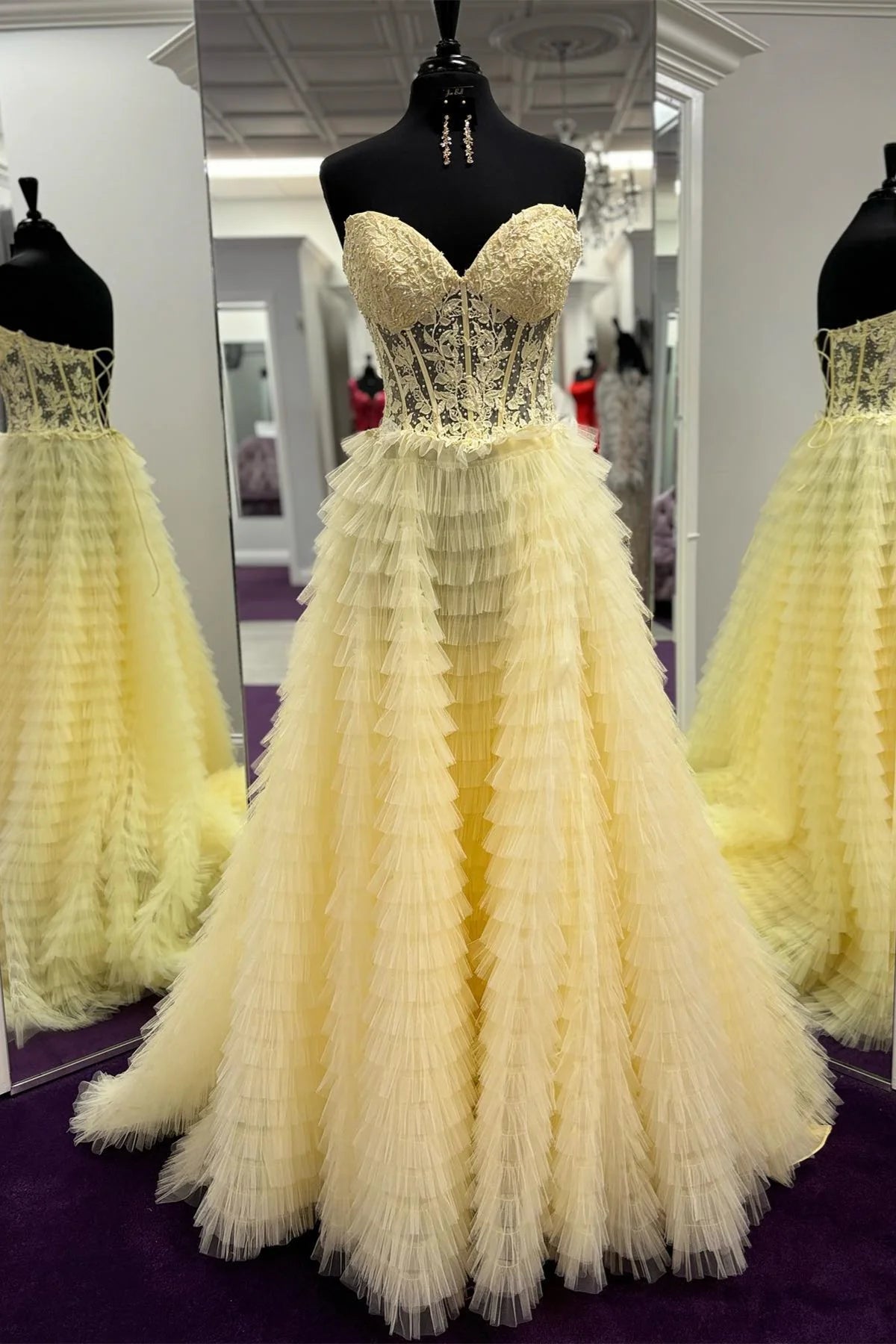 A-Line yellow Ruffle Prom Dress Corset Sweetheart Strapless