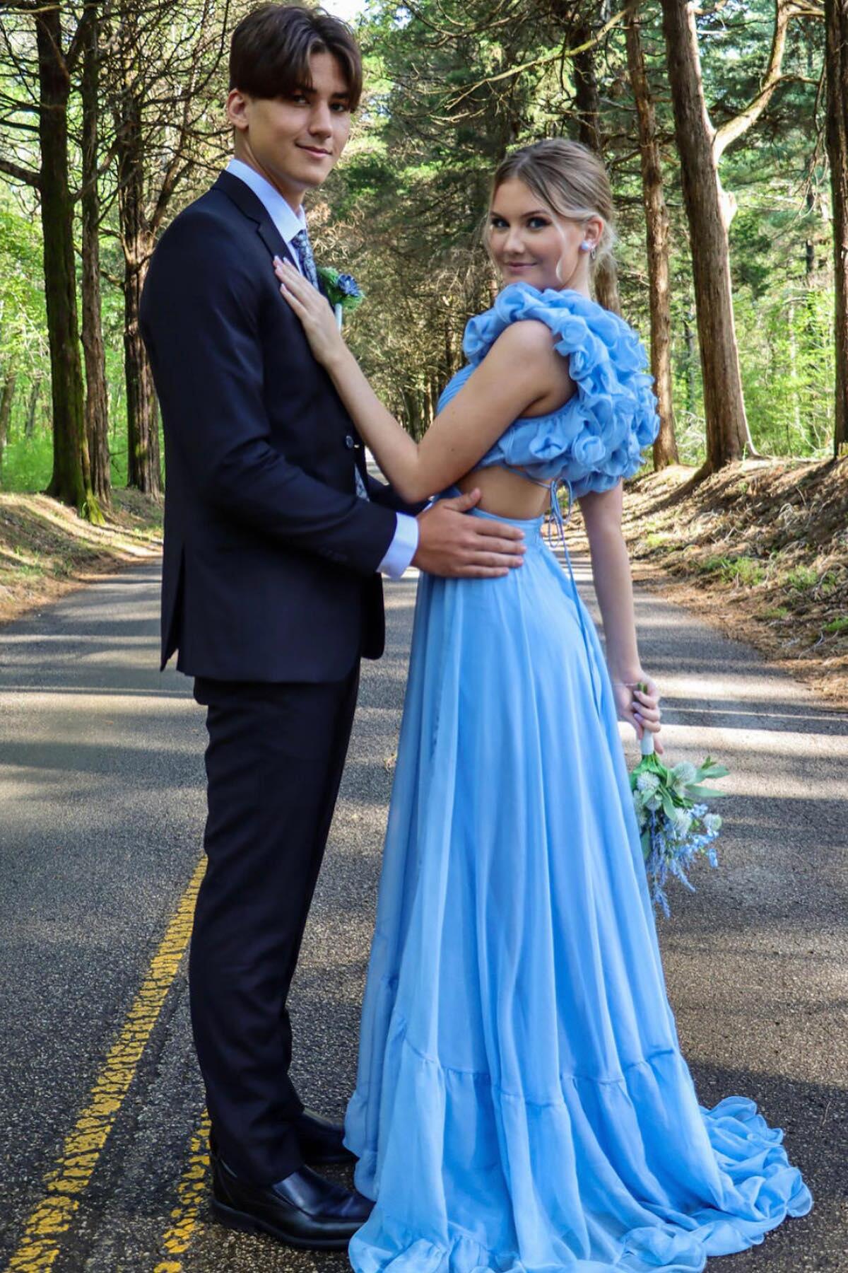 A-line Beach blue Evening Dress Sexy with Ruffles