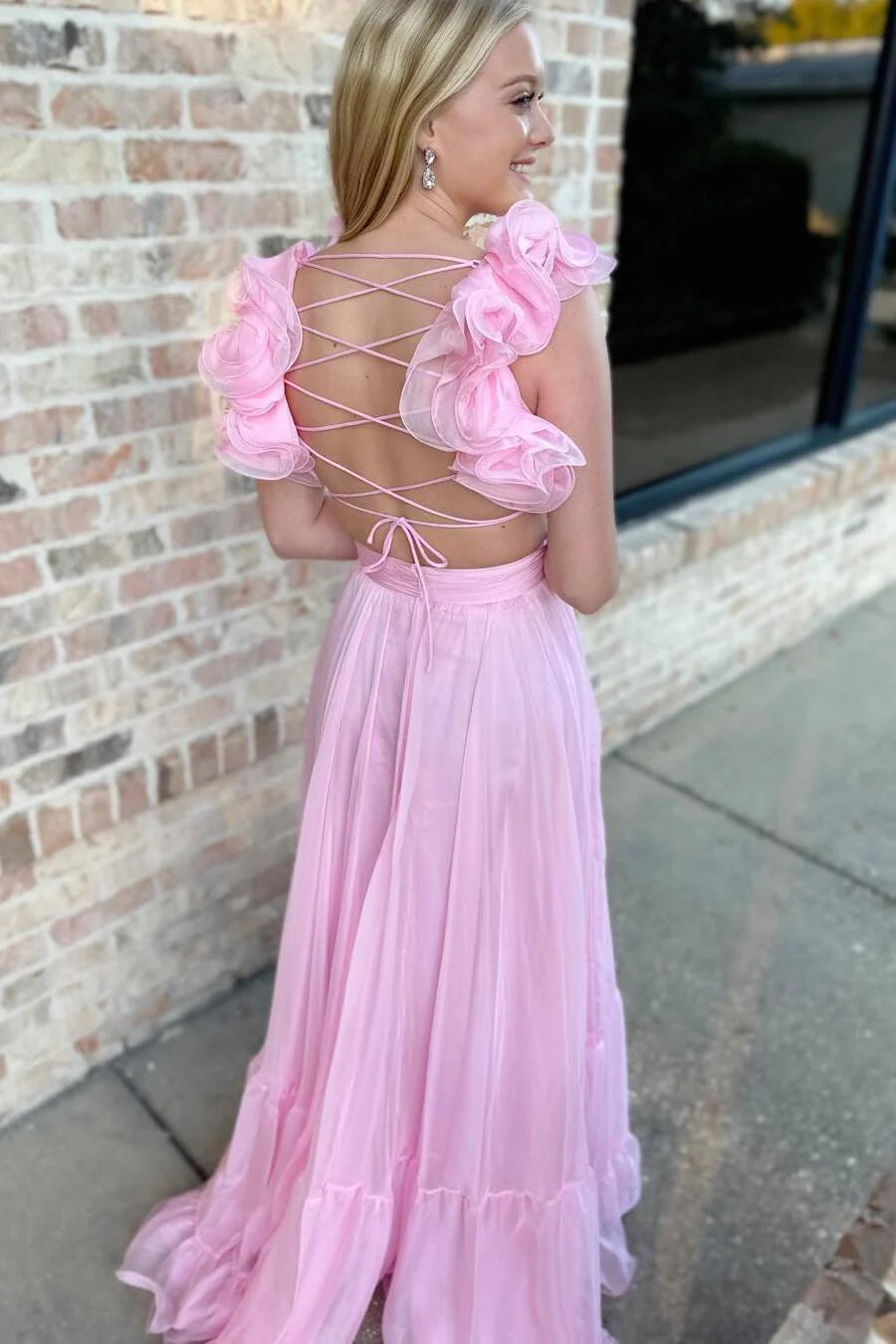 A-line Beach pink Evening Dress Sexy with Ruffles