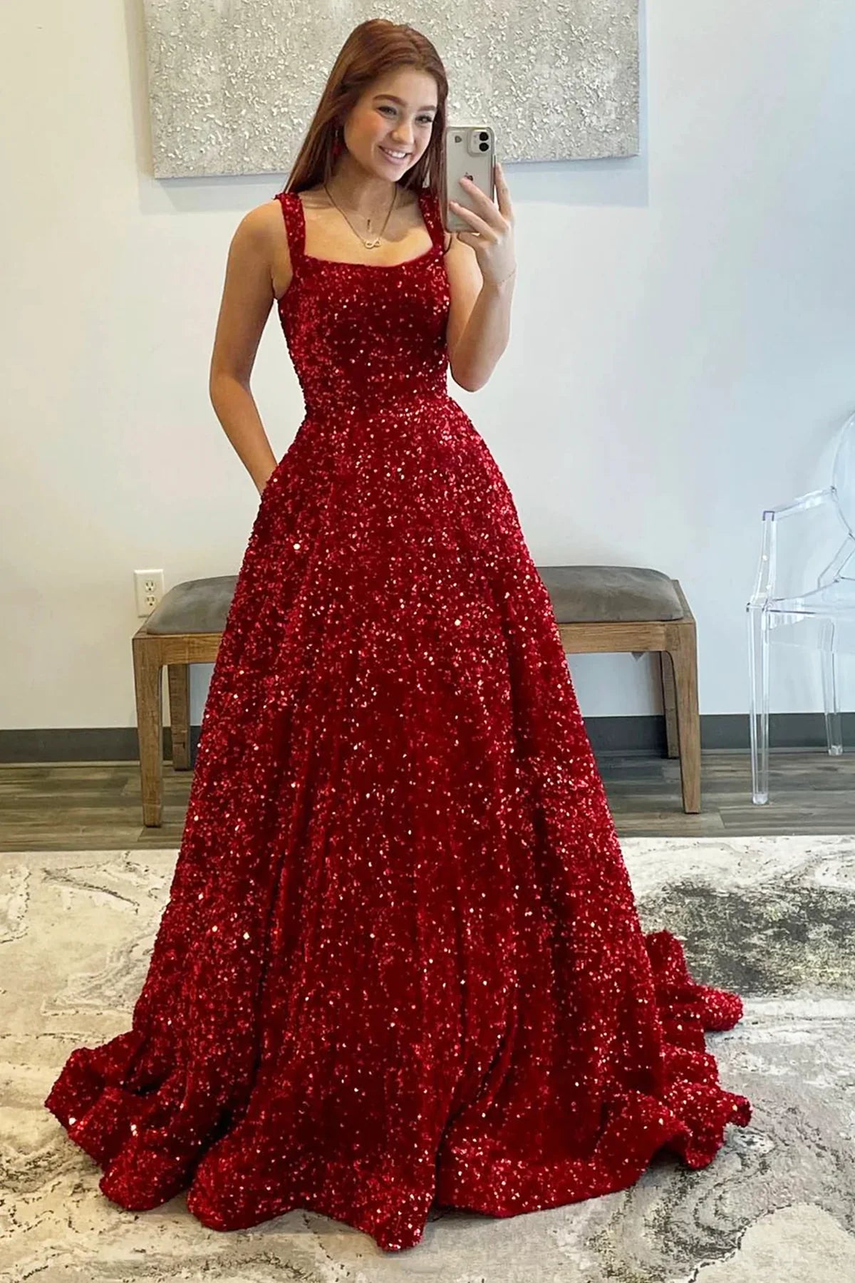 A-line Burgundy Velvet Sequins Prom Dress with Pockets Sweep Train MyChicDress