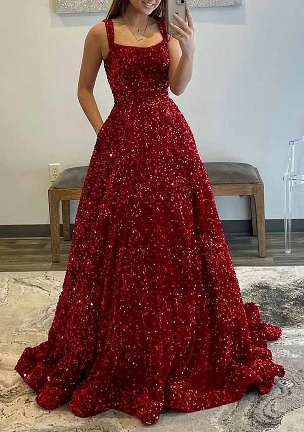 A-line Burgundy Velvet Sequins Prom Dress with Pockets Sweep Train MyChicDress