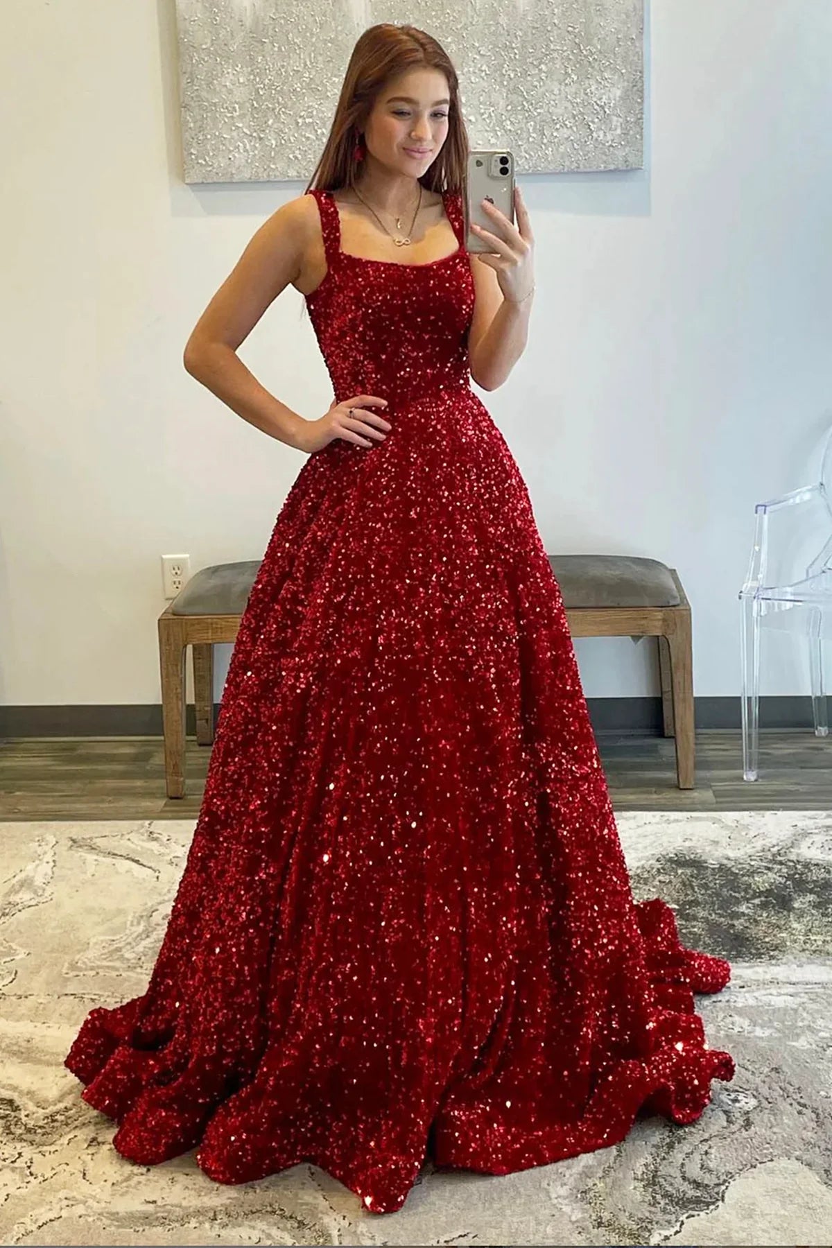 A-line Burgundy Velvet Sequins Prom Dress with Pockets Sweep Train MyChicDress