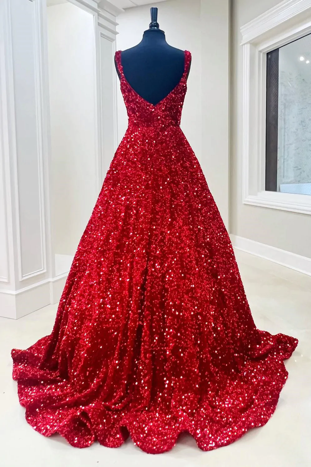 A-line Burgundy Velvet Sequins Prom Dress with Pockets Sweep Train MyChicDress