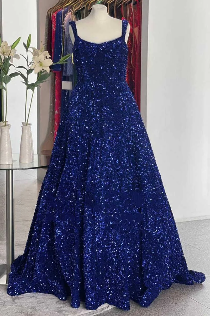 A-line Burgundy Velvet Sequins Prom Dress with Pockets Sweep Train MyChicDress