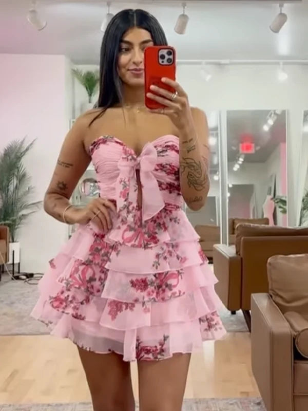 A-line Pink  Floral Homecoming Dress chiffon with Bow