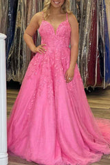 A-line Pink Lace Evening Dresses Appliques V Neck Prom Dress 2024 MyChicDress