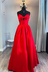 A-line Straps Red Prom Dress with Bow Front Satin Formal Gown