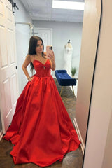 A-line Straps Red Prom Dress with Bow Front Satin Formal Gown