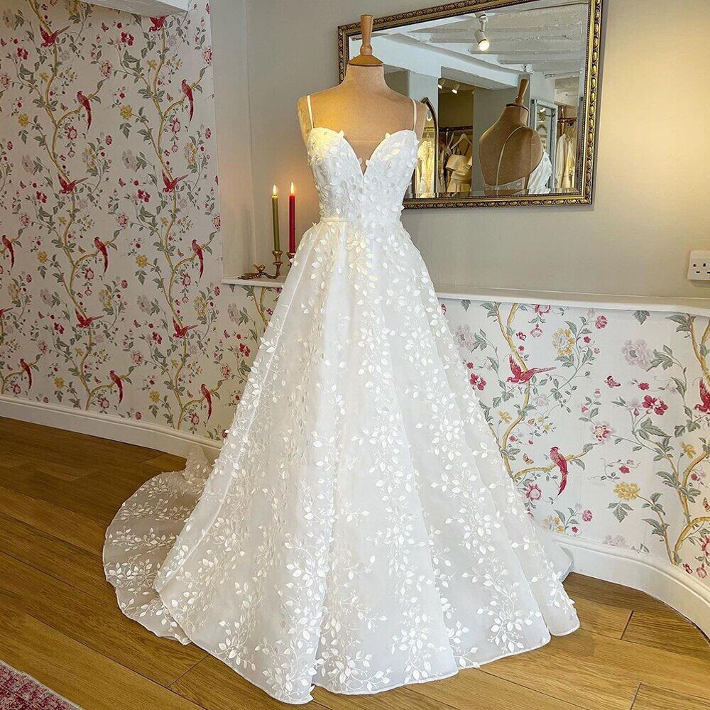 A-line Beach Lace Wedding Gown Spaghetti Straps V Neck - MyChicDress