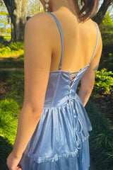 A-line Long Blue Tiered Prom Dress Straps V-neck with Slit