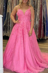 Una línea de vestidos de noche de encaje rosa con apliques y cuello en V vestido de fiesta 2024
