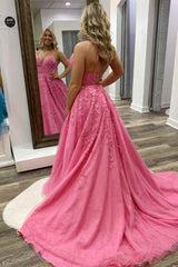 Una línea de vestidos de noche de encaje rosa con apliques y cuello en V vestido de fiesta 2024