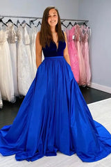 A-line Royal Blue Satin Velvet Prom Dresses V-neck Sweep Train With Pockets