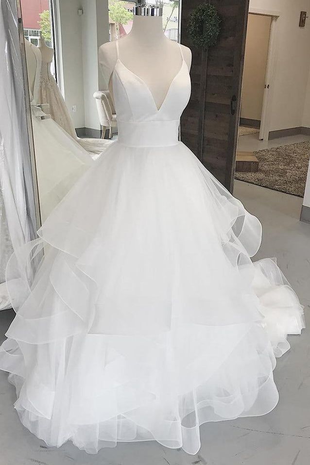 A-line Ruffles Tulle Beach Wedding Dresses Long V-Neck Straps Sleeveless - MyChicDress