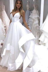 A-line Ruffles Tulle Beach Wedding Dress Long V-Neck Straps Sleeveless