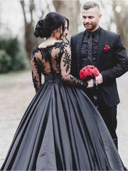 A-line Satin Black Wedding Dress Long Sleeve Illusion Lace Scalloped