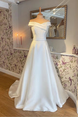 A-line Soft Satin Minimalist White Wedding Dress UK Off the Shoulder