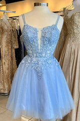 Una línea corta azul 2024 vestidos de fiesta correas vestido de graduación de princesa de encaje