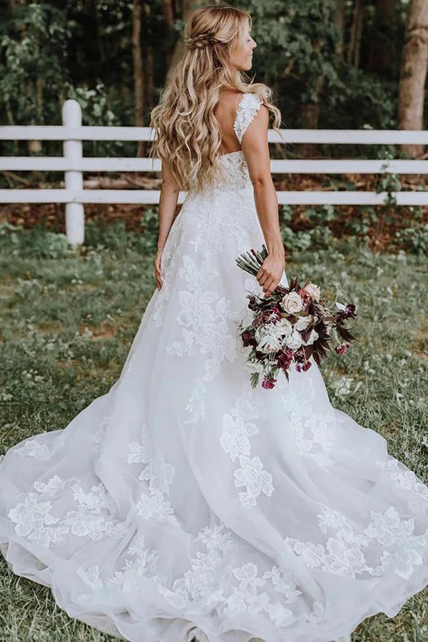 A-line White Forest Wedding Dress Lace Tulle V-neck - MyChicDress