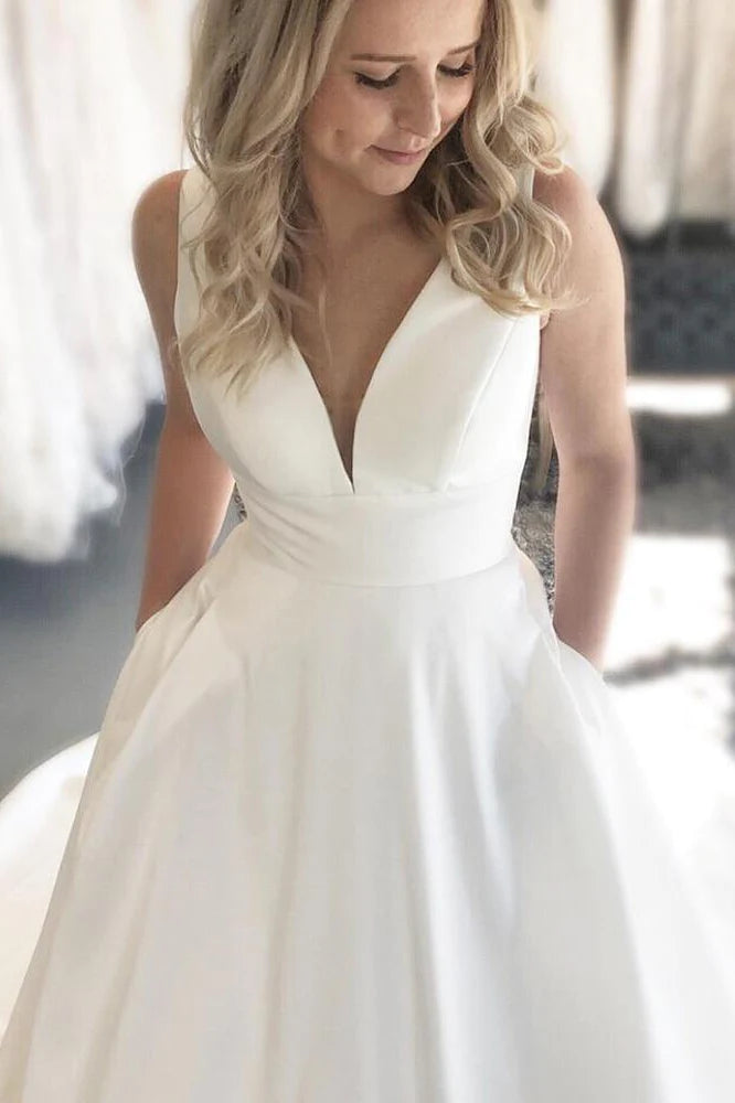 A-line White Satin Wedding Dress Minimalist V-Neck Backless with Pockets - MyChicDress
