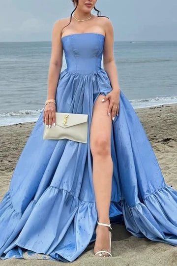 Vestido formal fruncido de corte A, color rosa, sin tirantes, largo, para fiesta, con abertura