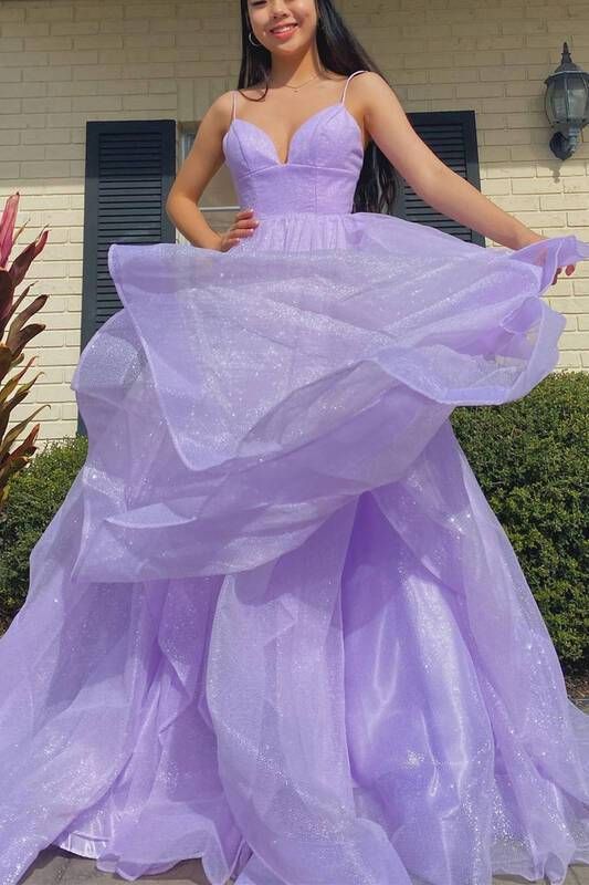 Una línea de organza con gradas lila vestidos formales de fiesta de graduación cariño sin mangas