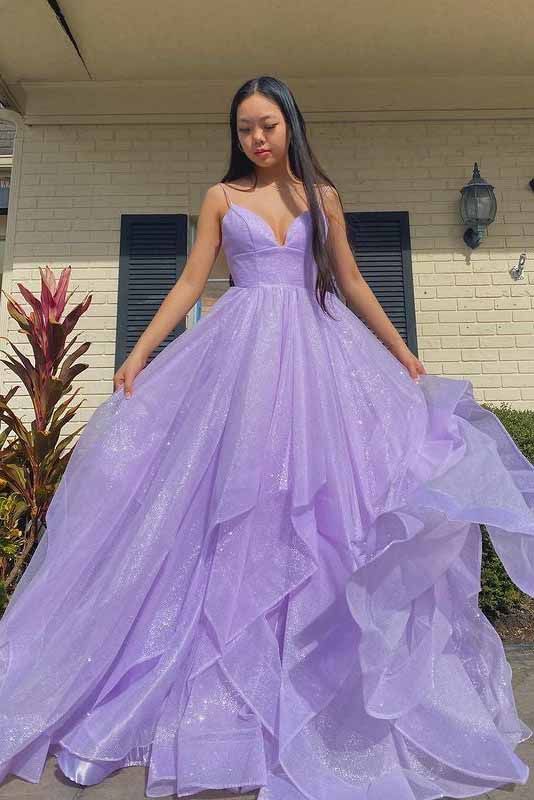 Una línea de organza con gradas lila vestidos formales de fiesta de graduación cariño sin mangas
