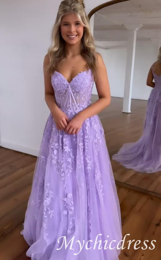 A Line 2025 Lace Violet purple Prom Dresses Lilac Long Formal Dress - MyChicDress