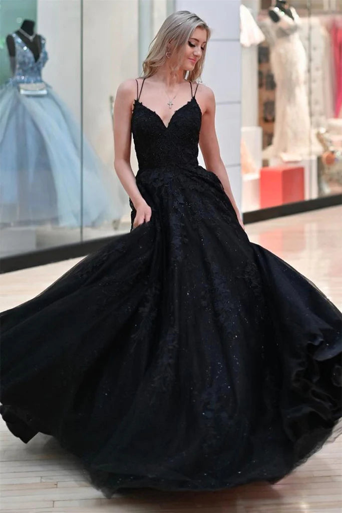 A Line Black Lace Prom Dress Long Gothic Wedding Dresses