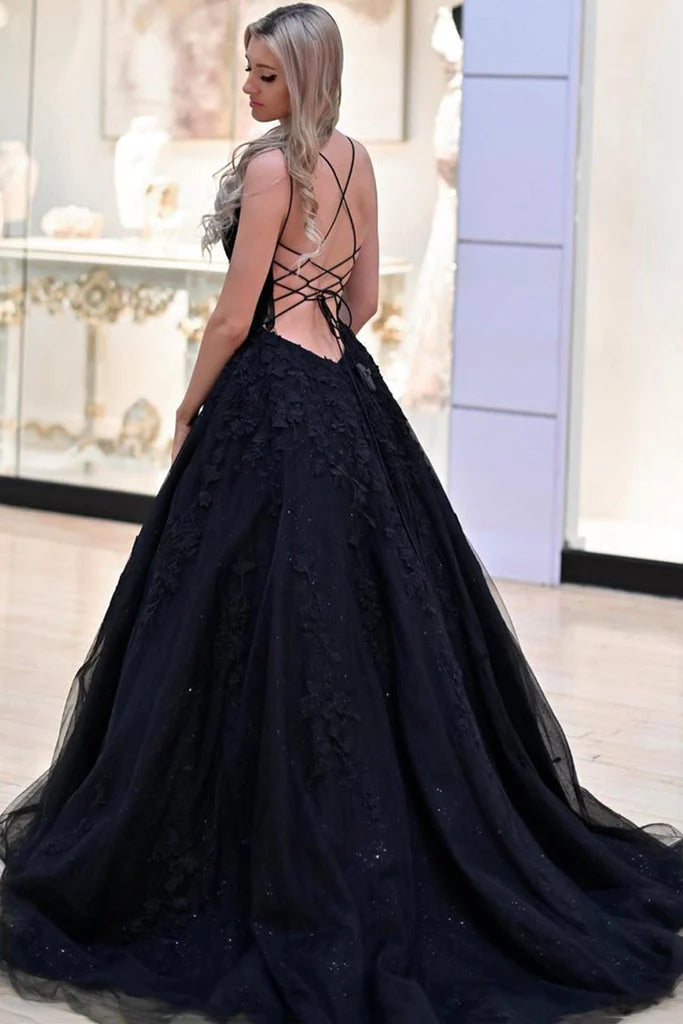 A Line Black Lace Prom Dress Long Gothic Wedding Dresses