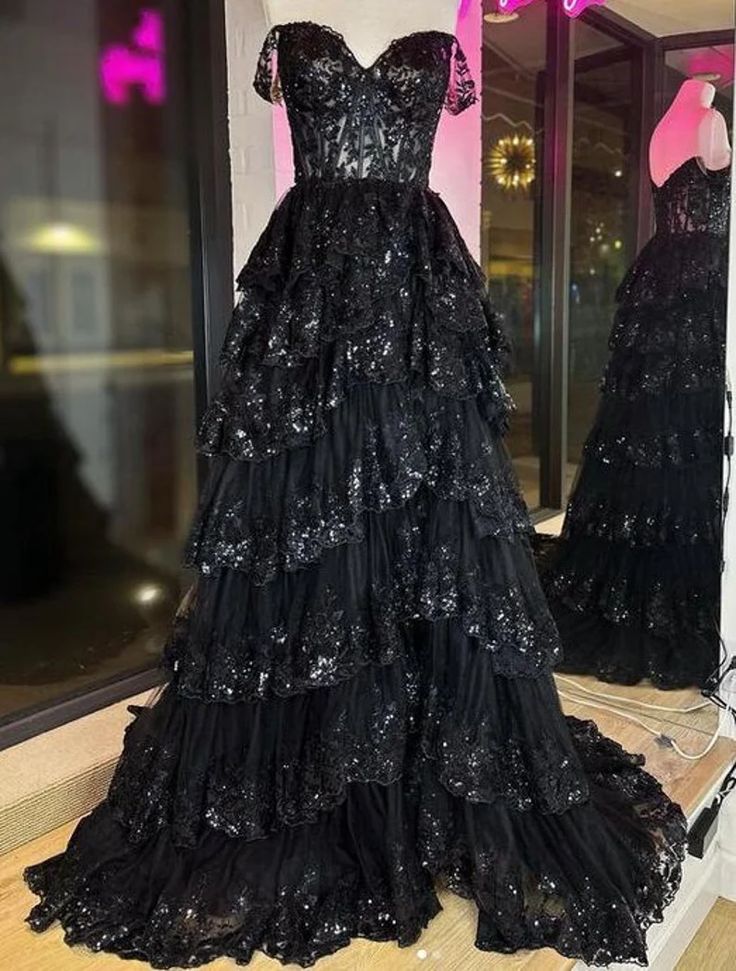 A Line Black Lace Prom Dresses Tiered Sequins Off the shoulder - MyChicDress