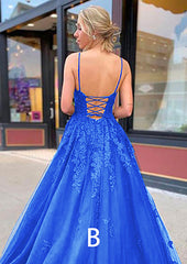 Una línea de vestidos de fiesta de encaje azul 2024 Vestidos formales baratos con cuello en V