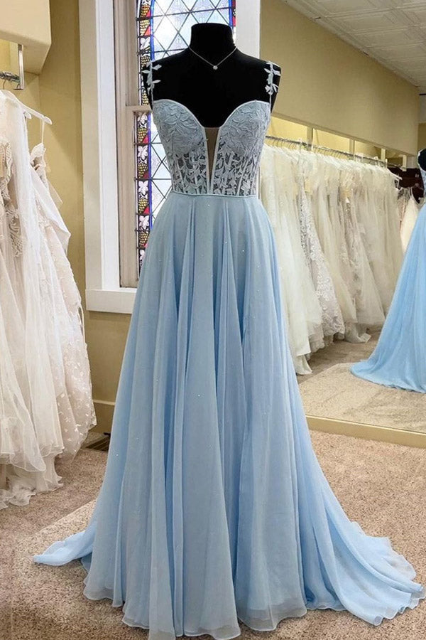 A Line Lace Long Formal Dresses Blue Prom Dress Bodice Beaded - MyChicDress