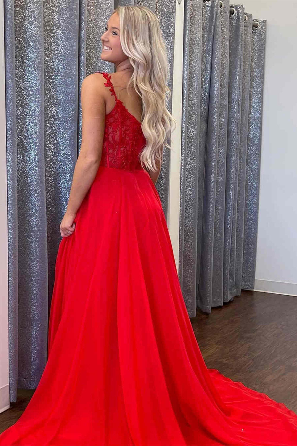 A Line Lace Long Formal Dresses Blue Prom Dress Bodice Beaded - MyChicDress