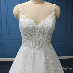 A Line Lace Wedding Dresses Beach V Neck Straps Sleeveless - MyChicDress