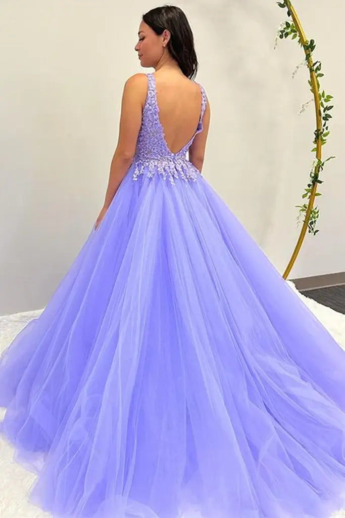 A Line Lavender Lace Prom Dresses V Neck Long Formal Evening Dress