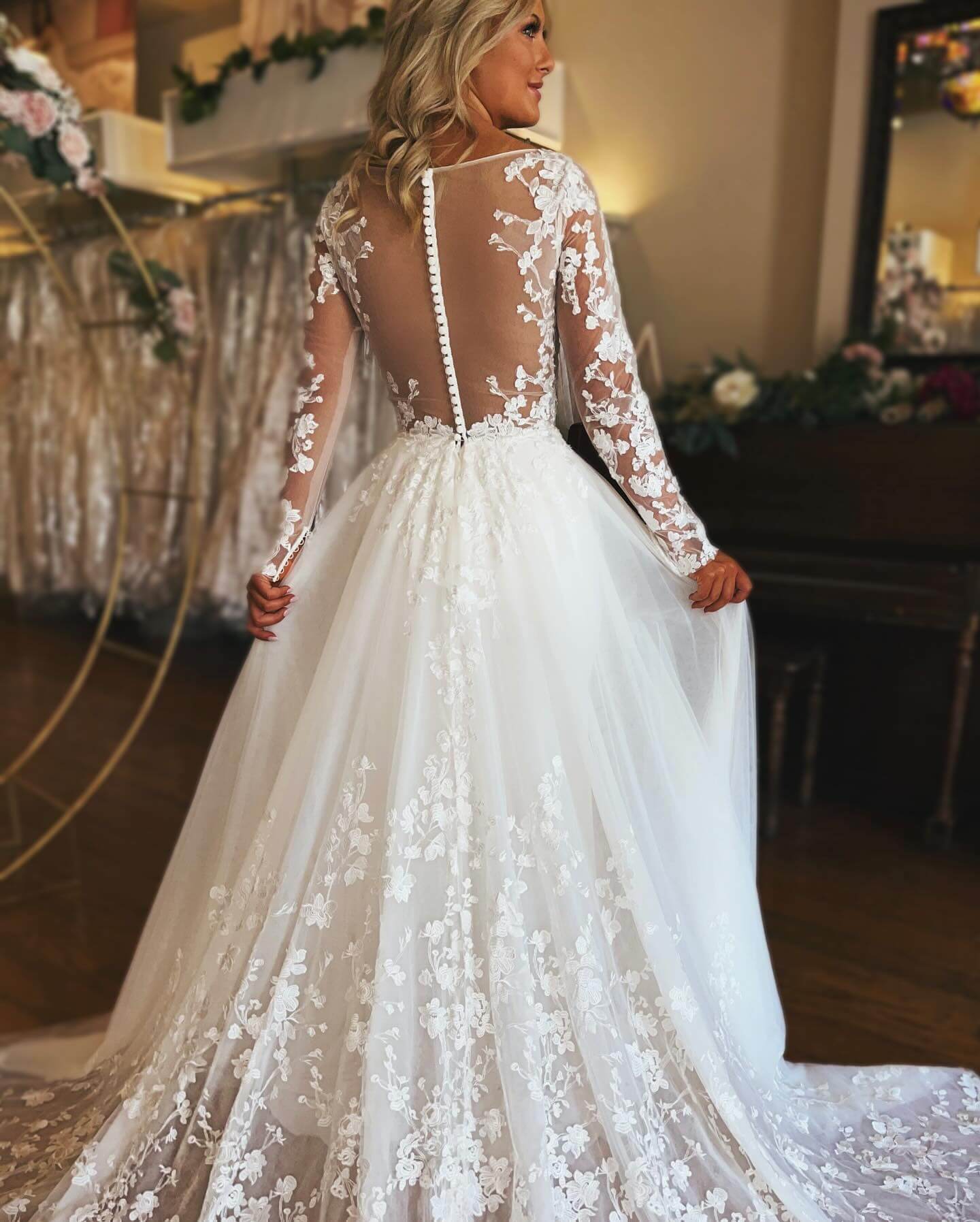 A Line Long Sleeves Lace Floral Wedding Dresses with Button - MyChicDress