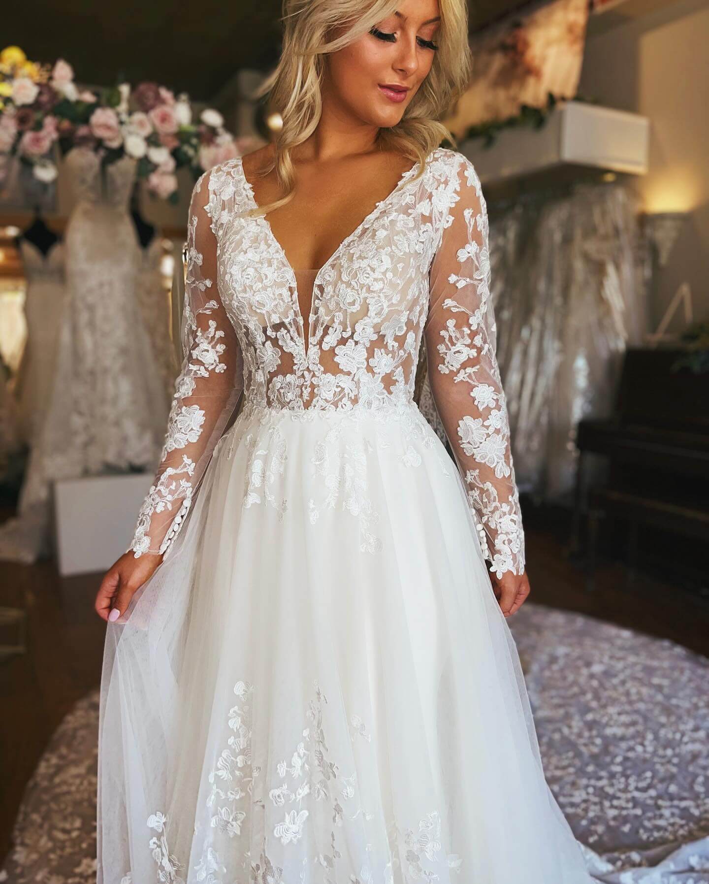 A Line Long Sleeves Lace Floral Wedding Dresses with Button - MyChicDress