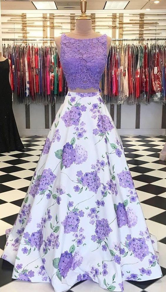 A Line Purple Floral Lace Two Piece Prom Dresses with Bowknot - MyChicDress