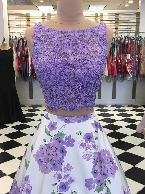 A Line Purple Floral Lace Two Piece Prom Dresses with Bowknot - MyChicDress